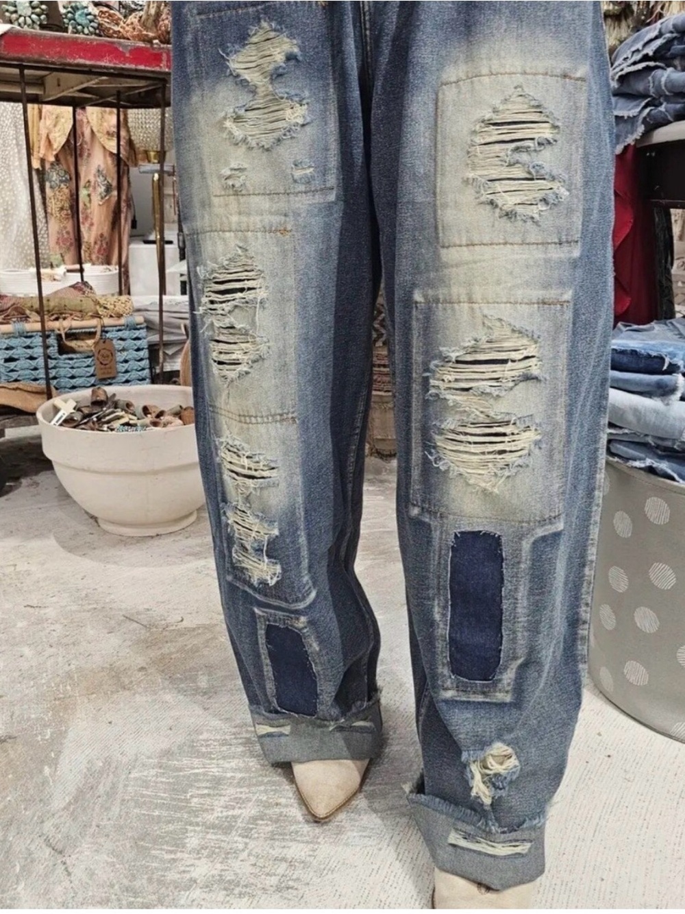 A Rare Bird Distressed Patchwork Grunge Blue Jeans - Casual Relaxed Fit